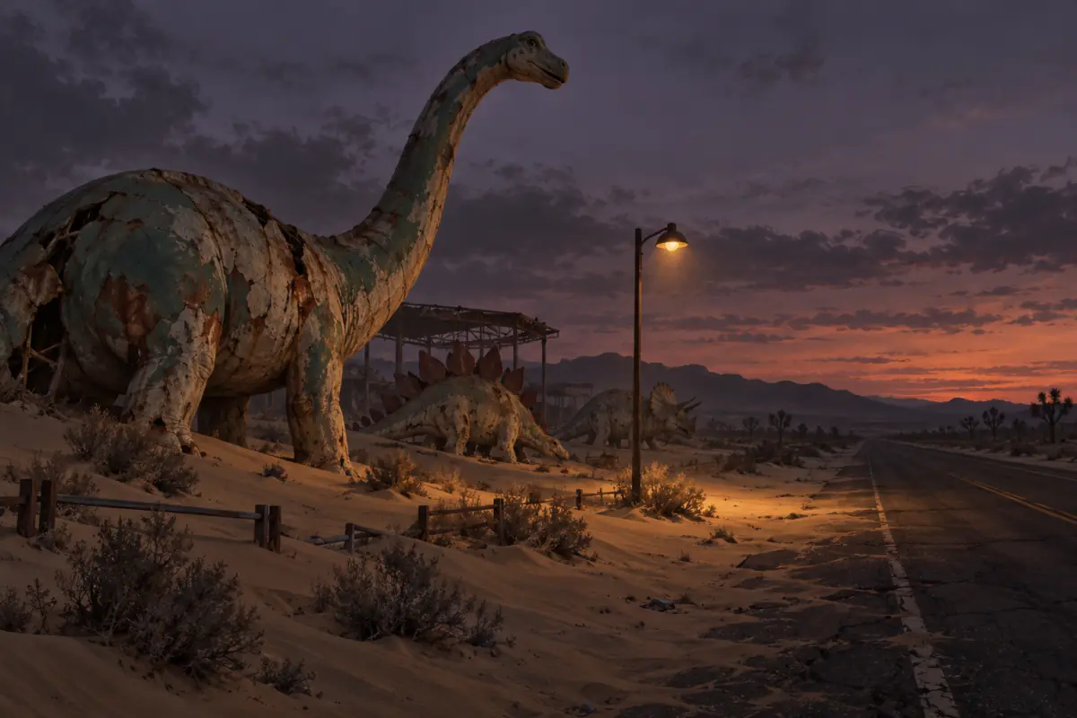 Original painted illustration: A wide dusk view of an abandoned 1990s roadside dinosaur attraction on a desert highway: rusted fiberglass dinosaur statues half buried in sand, one dim lamppost, long shadows, quiet eerie mood.